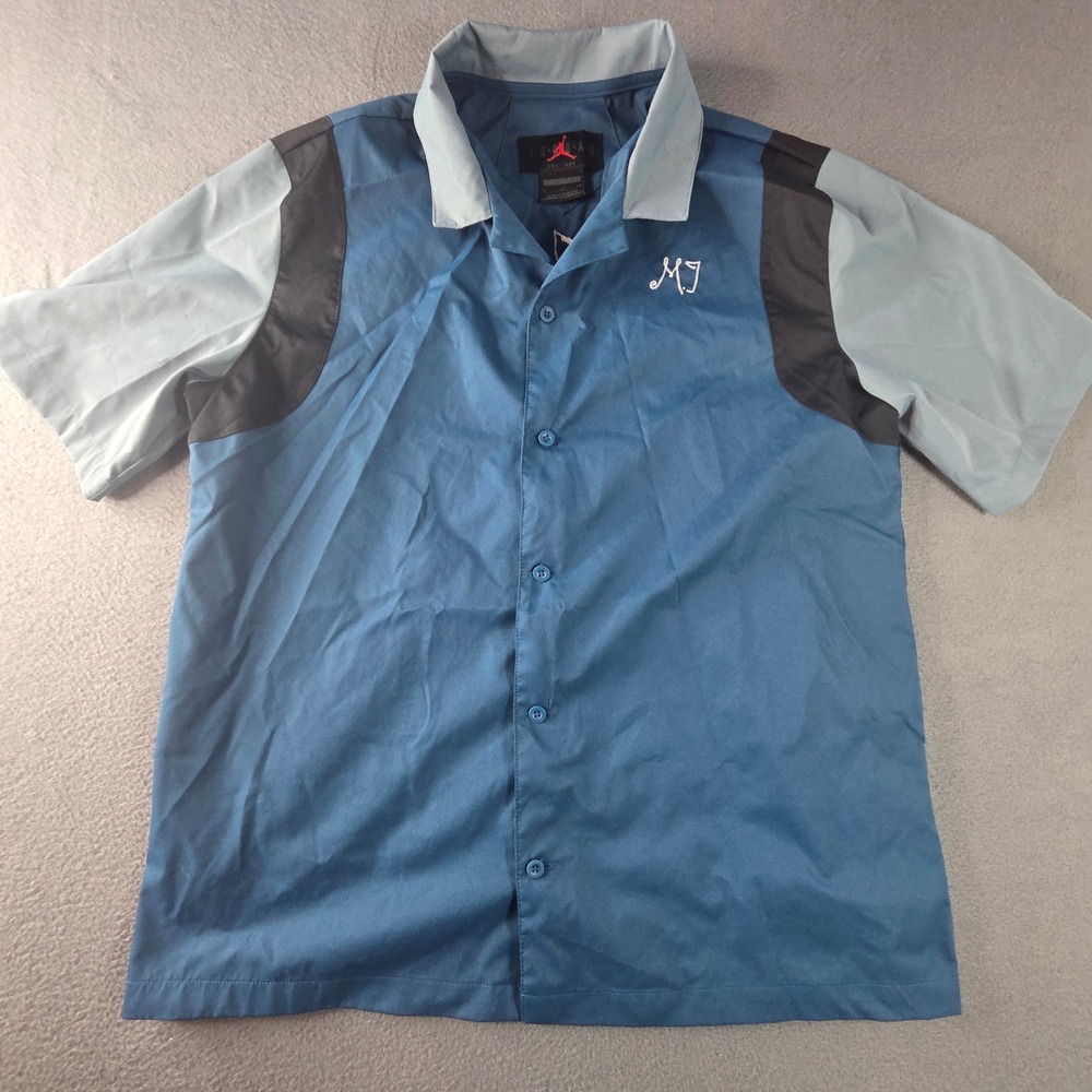 Jordan Flight Club Mens Small Blue Grey Bowling Shirt MJ Embroidery Button Down